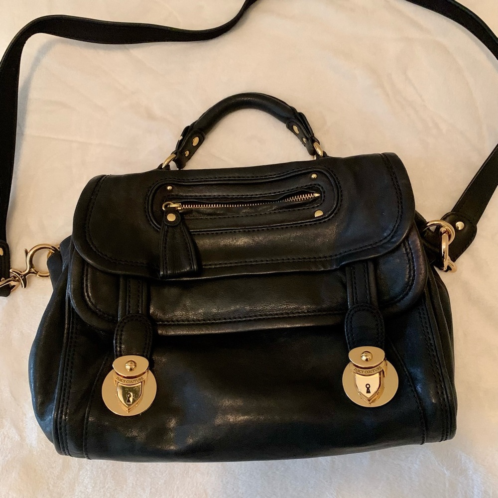 Juicy Couture Black gorgeous leather satchel crossbody handbag w/ gold hardware - Picture 2 of 16